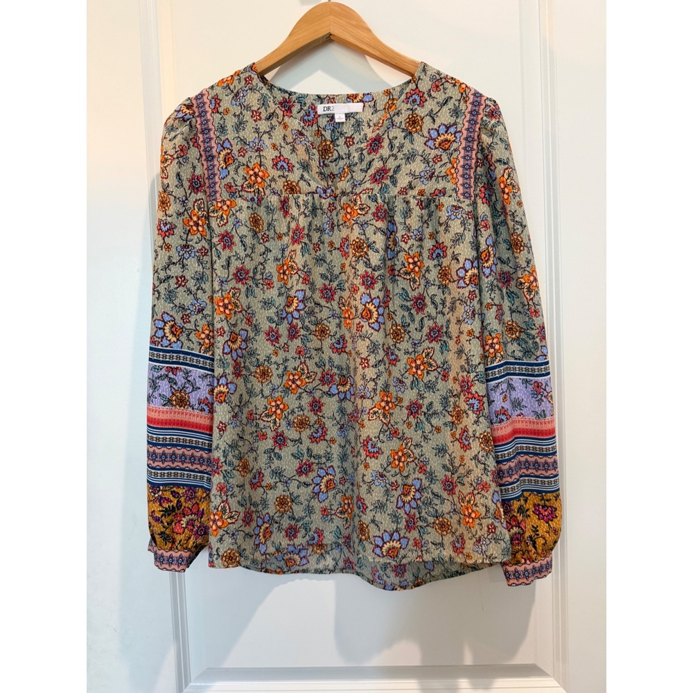 DR2 Floral Boho V-Neck Sage Green Mixed Print Long Sleeve Top Small Cottagecore